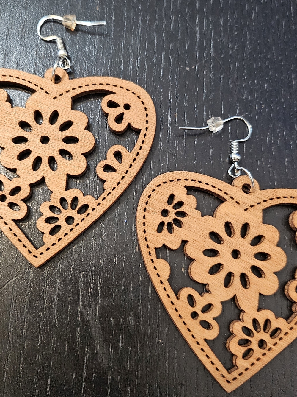 Wooden Heart Floral Dangle Earrings - Tan